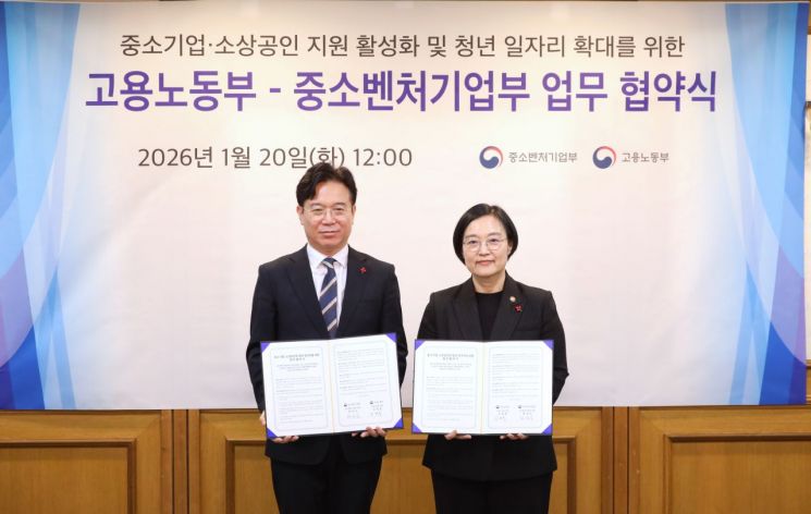 한성숙 중소벤처기업부 장관(오른쪽)과 김영훈 고용노동부 장관이 20일 서울 종로구 정부서울청사에서 중소기업·소상공인과 청년 일자리를 위한 업무협약(MOU)을 체결하고 기념 촬영을 하고 있다. 중기부