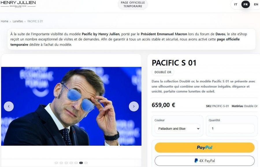 마크롱 대통령이 착용한 선글라스를 판매하는 쇼핑몰 웹페이지.