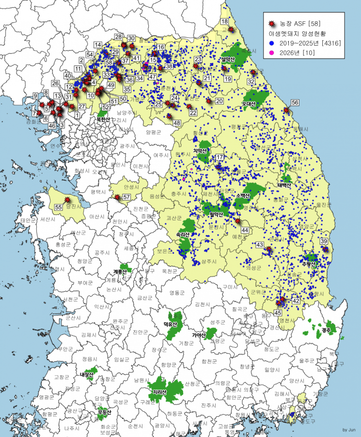 ASF 전국 발생 지도. 경기도 제공