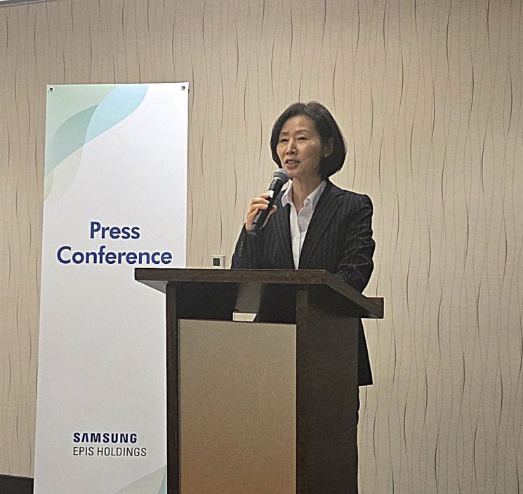 김경아 삼성에피스홀딩스 대표가 이달 14일(현지시간) 미국 샌프란시스코에서 열린 JP모건 헬스케어 컨퍼런스 기자간담회에서 발언하고 있다. 샌프란시스코(미국)=정동훈 기자