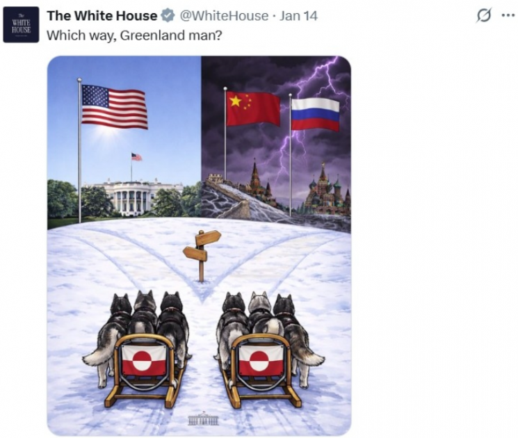 백악관 엑스 계정에 올린 그린란드 관련 게시물. '어느 쪽인가, 그린란드인이여?'(Which way, Greenland man?)라는 질문이 백인 우월주의자의 입문서로 여겨지는 책 '어느 쪽인가, 서구인이여?'(Which Way, Western Man?)를 패러디했다는 지적이 나온다. 엑스