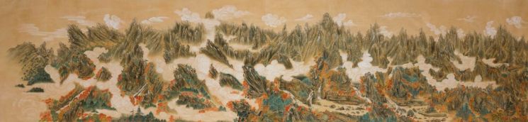 주아인, 금강산만물초승경도, 120x542cm, 견본석채, 2025 사진 한국전통회화협회