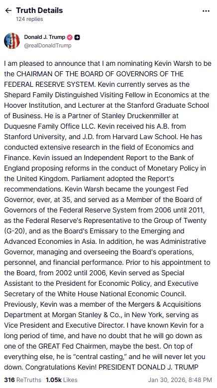 美 트럼프, "연준 의장에 케빈 워시가 적임자"