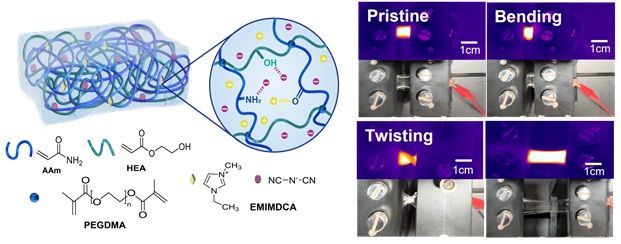환경 안정성을 위한 비휘발성 이오노겔 전극을 활용한 고투명 고신축성 히터. 이온성 액체를 포함한 이오노겔 전극을 적용해 투명하고 신축성 있는 히터를 구현했다. 해당 히터는 늘림·비틀림·굽힘 등 기계적 변형과 고온다습·저온저습의 극한 환경에서도 발열 성능을 안정적으로 유지해 웨어러블 디바이스 적용 가능성을 확인했다. 연구팀 제공