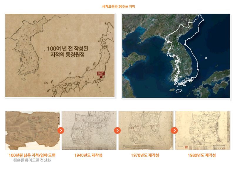 일본 동경 기준의 대한민국 지적도(위)와 훼손된 종이도면 전산화 작업(아래).일본의 측량원점(동경)을 사용해 세계 표준과 약 365m 차이가 나는 모습. 국토교통부 지적재조사행정시스템 바른땅 화면 캡처