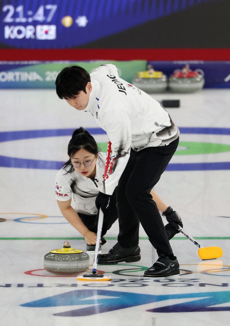 컬링 믹스더블의 김선영ㆍ정영석이 8일(한국시간) 이탈리아 코르티나담페초의 코르티나 컬링 올림픽 스타디움에서 열린 컬링 믹스더블 예선 일곱 번째 경기에서 에스토니아를 상대하고 있다.   [사진 제공= 로이터연합뉴스]