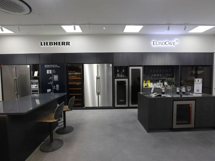 독일의 초프리미엄 가전기업 '리페르'(좌측)의 냉장고와 세계최초 와인셀러 브랜드인 프랑스의 '유로까브'(우측)의 와인셀러가 진열되어 있는 모습. 롯데하이마트