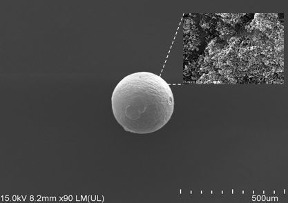 갈륨-68 발생기 핵심소재의 원형구조와표면을 보여주는 주사전자현미경(SEM) 이미지. 연구진 제공