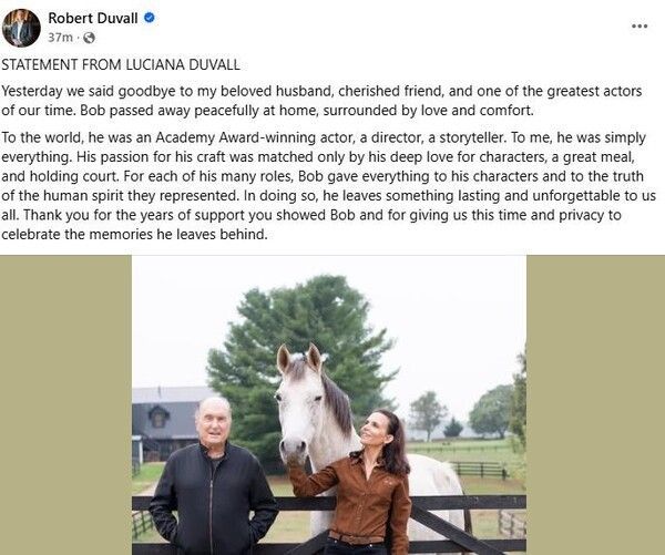 로버트 듀발의 부고 소식을 전한 유족의 SNS 글. 페이스북 캡처