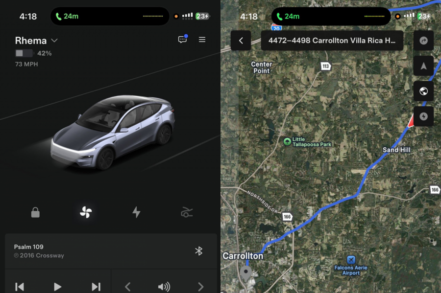심근경색으로 운전을 할 수 없는 상태인 아버지를 대신해 아들이 테슬라 앱을 통해 경로를 변경한 화면. 트위터 캡처