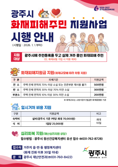 광주시, 화재피해 지원제도 본격 시행…최대 500만원 지원