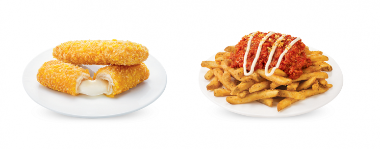 맘스터치 사이드 메뉴 치킨치즈스틱, 미트칠리감자. 맘스터치 제공.