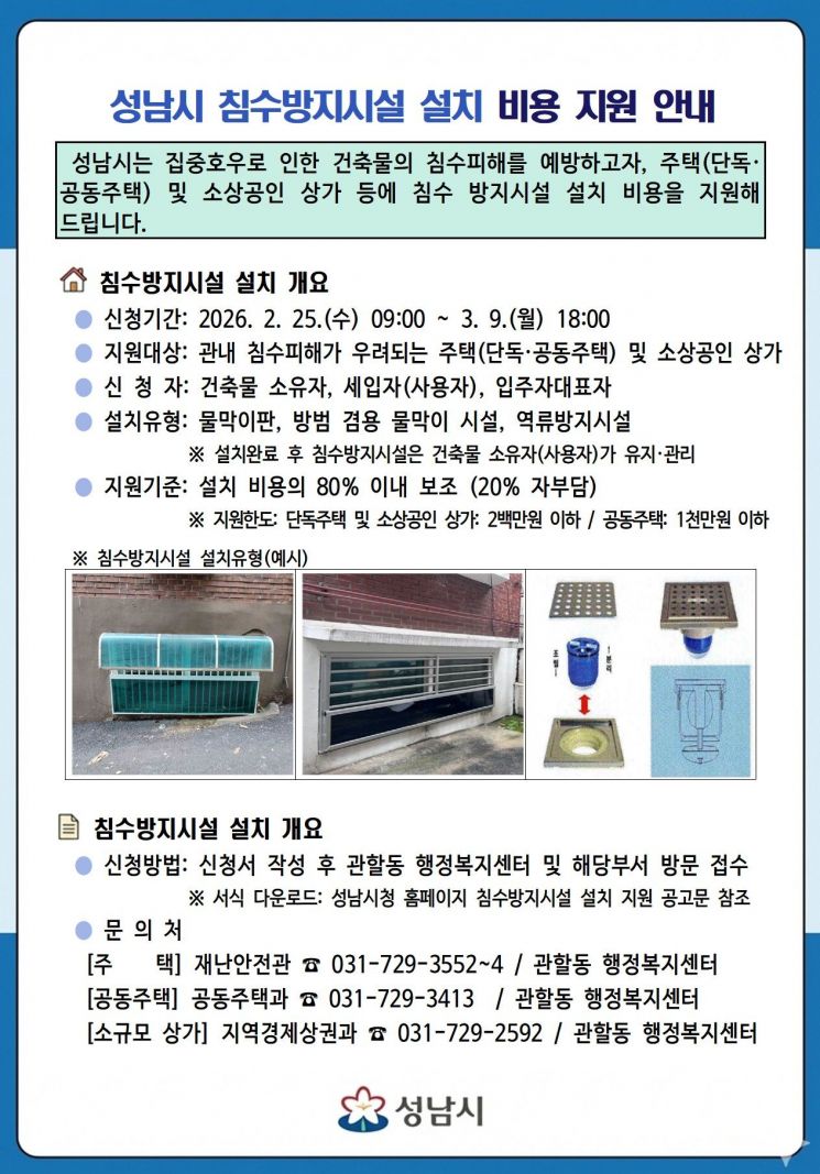 성남시, 집중호우 대비 '침수방지시설 설치 비용' 최대 80% 지원