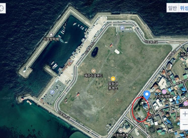 위성 지도로 본 갈등 부지(붉은 원 표시) 주변 현황. 부지 앞쪽으로 4차선 도로와 대규모 매립지(제주이호랜드)가 가로막고 있어, 사구 형성의 필수 요건인 '바다로부터의 모래 공급'이 지리적으로 차단돼 보여진다.  출처 네이버 위성지도.