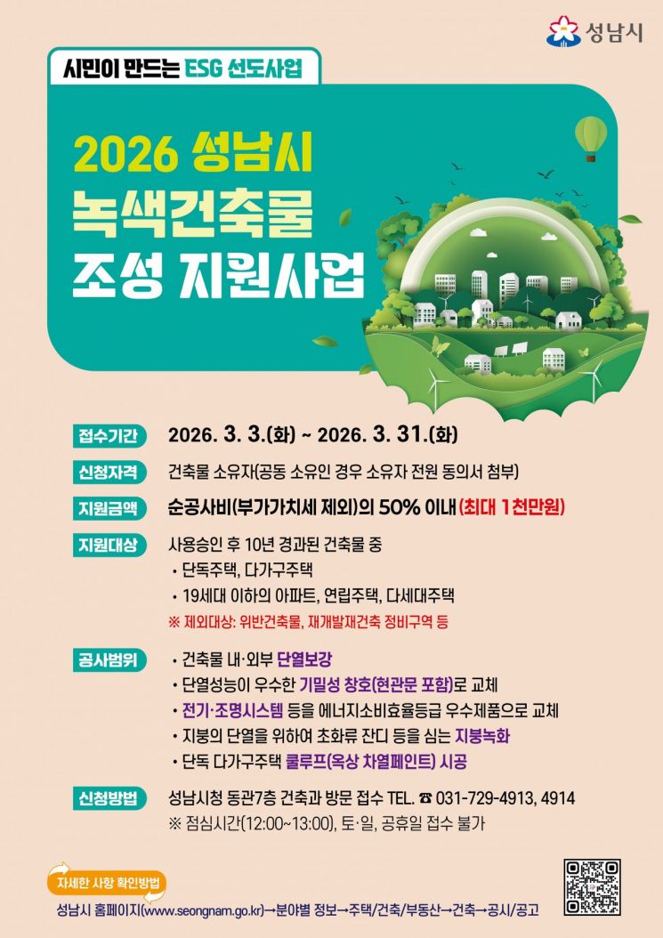 성남시, 노후 건축물 에너지 개선 공사비 최대 1000만원 지원