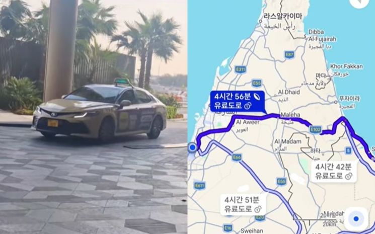 A씨가 묵었던 호텔과 오만 출입국 검문소에서 무스카트 국제공항으로 육로 경로. 유튜브