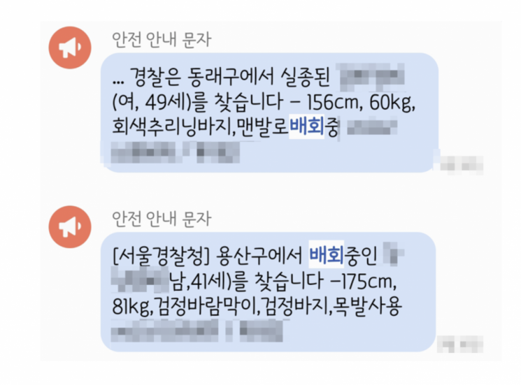 실종 안내 문자 사례. SNS 갈무리