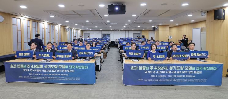 경기도가 10일 국회 의원회관 제3세미나실에서 열린 '주4.5일제 시범사업 효과분석 정책 토론회'에 참석하고 있다. 경기도 제공