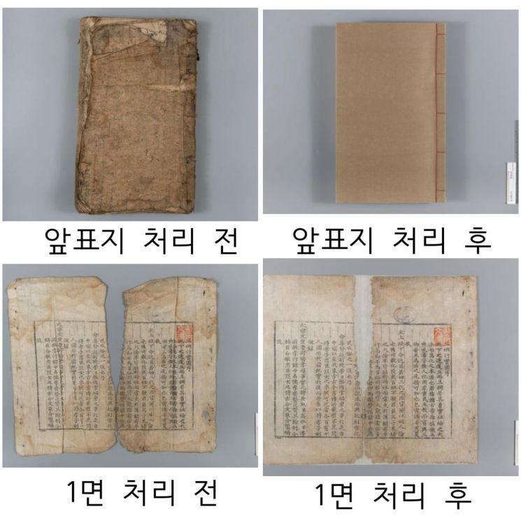 삼강행실도 보존처리 전후 모습. 훼손된 앞표지와 본문 지면을 세척·보강해 원형에 가깝게 복원했다. 사진 간송미술문화재단