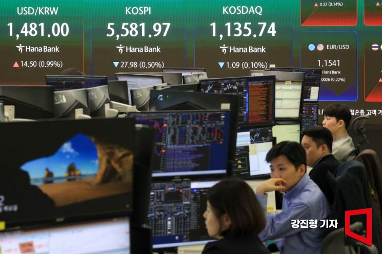 코스피 지수가 전 거래일 대비 42.30포인트 하락한 5567.65로 장을 시작한 12일 서울 중구 하나은행 딜링룸 전광판에 국내 증시 현황이 표시돼 있다. 이날 원달러 환율은 전 거래일 대비 13.6원 오른 1480.1원에 거래를 시작했다. 2026.3.12 강진형 기자