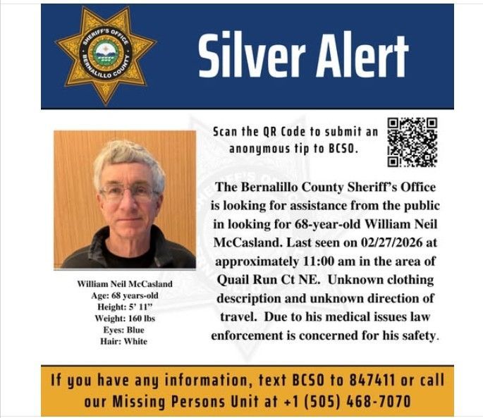 실종된 머코즐런드 퇴역 미 공군 소장 수배 전단. 버널릴로 카운티 보안관국 페이스북