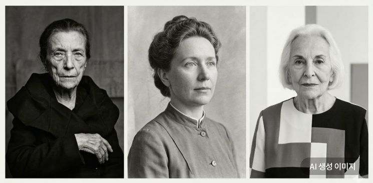 루이즈 부르주아(왼쪽 부터), 힐마 아프 클린트, 카르멘 에레라. 세 작가는 각기 다른 방식으로 뒤늦은 재평가의 서사 속에 놓여 있다.