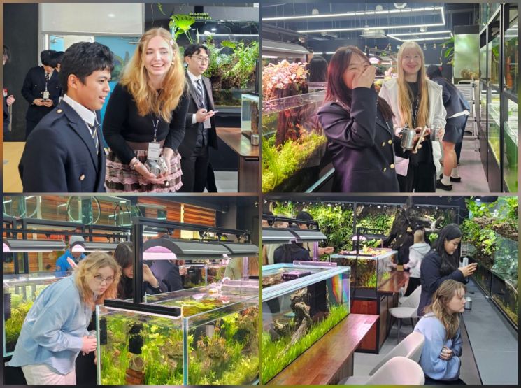 전남 완도수산고등학교를 방문한 노르웨이 하델란드 민중학교 학생들이 교내에 마련된 '아쿠아카페'를 찾아 수족관을 관람하고 있다. 이준경 기자