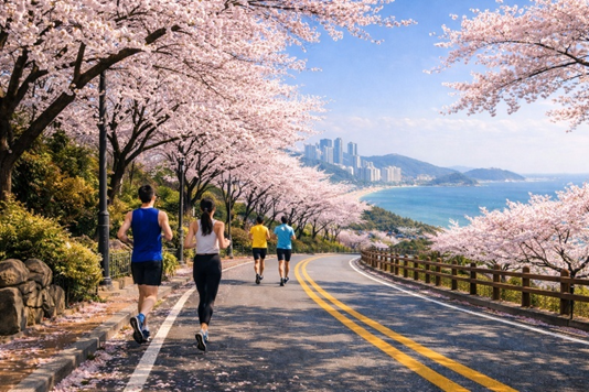 参加者们在樱花盛开的釜山海云台享受跑步运动。（生成式人工智能制作的图像）