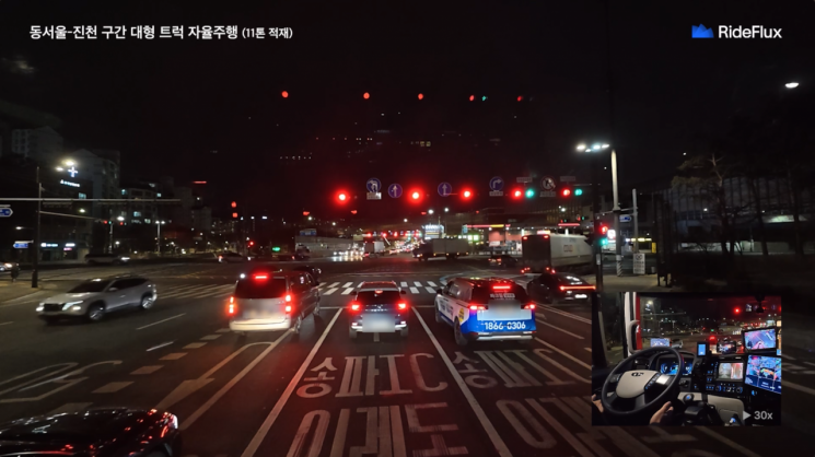 라이드플럭스 자율주행트럭의 완전 무개입 주행 실증 모습. 라이드플럭스