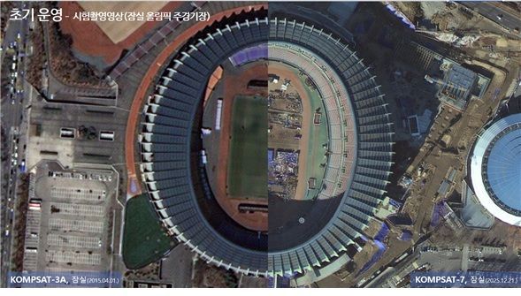 잠실 올림픽 경기장, 다목적3A호(좌)와 다목적7호 시험촬영영상(우) 비교. 항우연 제공
