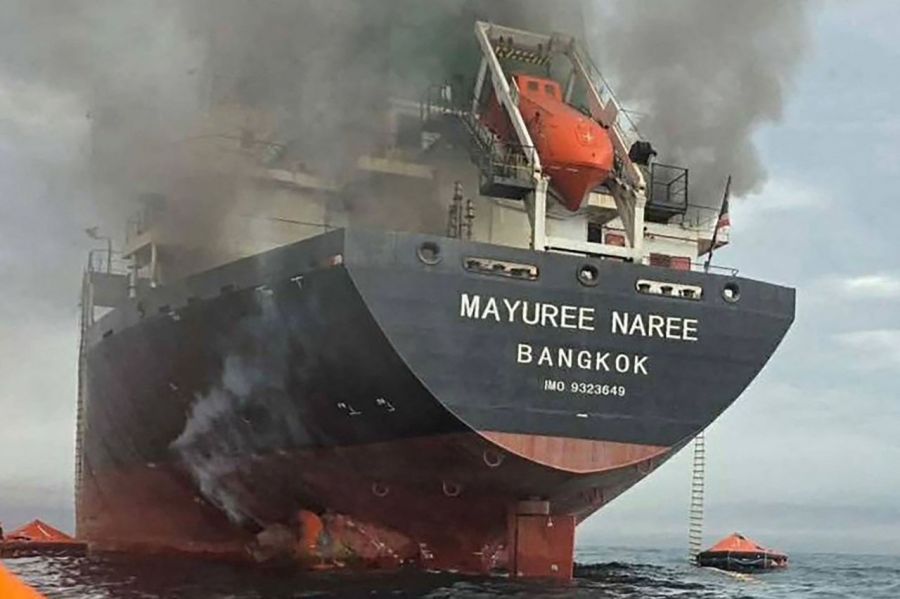 On the 11th (local time), smoke rises near the Strait of Hormuz immediately after the attack on the Thai bulk carrier <i>Mayuree Naree</i>. The Royal Thai Navy announced that the Thai bulk carrier navigating the strategic Strait of Hormuz was attacked on the same day, and so far 20 crew members have been rescued. Released by the Royal Thai Navy. AFP Yonhap News Agency. Photo by AFP Yonhap