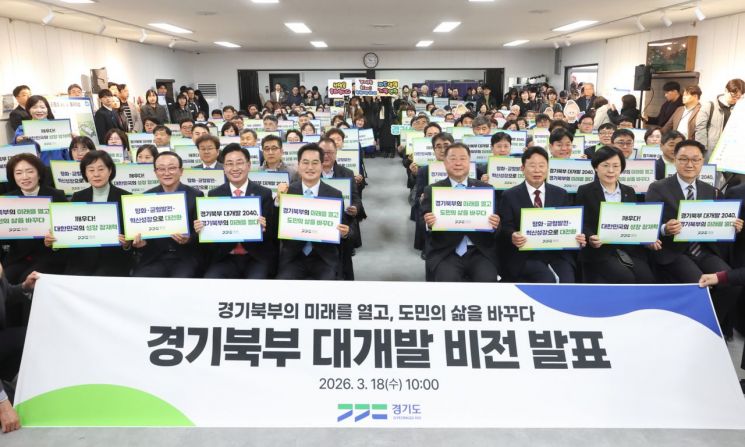 김동연 경기도지사가 18일 경기도의 모든 역량을 총동원해 경기북부의 지도를 바꾸고 북부 주민의 삶을 실질적으로 바꾸겠다는 내용의 '경기북부 대개발 2040 비전'을 발표한 후 포퍼먼스를 펼치고 있다. 경기도 제공