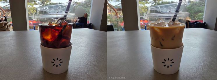 AI로 컵의 내용물을 바꾸고, 뒷배경의 사람을 제거한 모습. 이은서 기자.