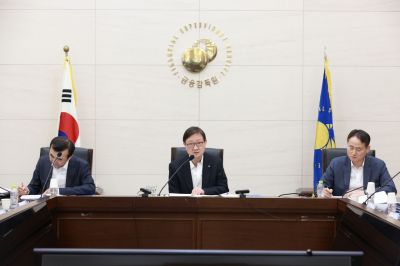 이찬진 금융감독원장(가운데)이 지난 20일 개최한 '제1차 소비자위험대응협의회'에서 발언하고 있다. 이세훈 금감원 수석부원장(왼쪽), 김성욱 은행·중소금융 부원장(오른쪽)은 이 원장 발언을 메모 중이다. 금감원