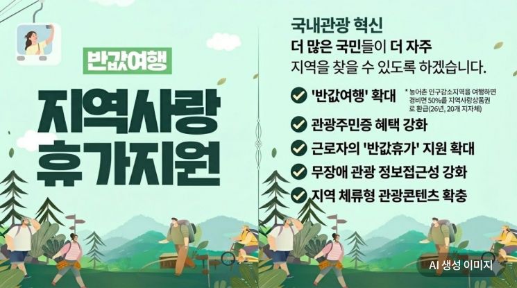 문체부가 '국내관광 혁신' 정책의 하나로 제시한 '지역사랑 휴가지원' 홍보 포스터를 AI로 재구성 한 이미지. 인구감소지역을 여행하면 경비의 50%를 지역사랑상품권으로 환급해주는 이른바 '반값여행' 확대 방안이 담겼다.