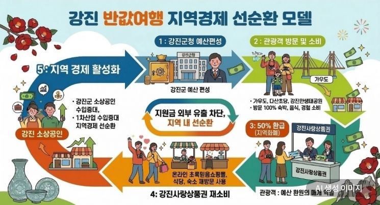 임석 전 강진군문화관광재단 대표가 설계한 '강진 반값여행 지역 경제 선순환 모델'.
