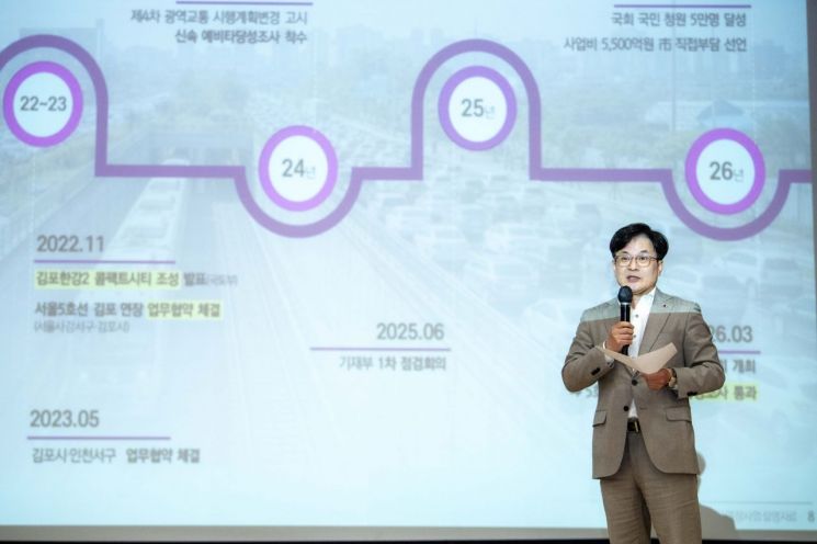 김병수 시장이 지난 24일 김포시청 제3별관 대강당에서 서울5호선 김포·검단 연장사업 예타통과 시민설명회를 개최하고 있다. 김포시 제공