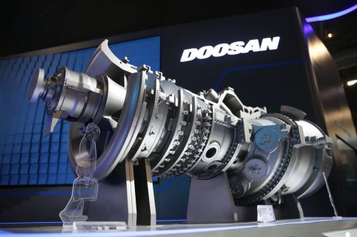 Model of hydrogen turbine exhibited by Doosan Enerbility at CES2024. Doosan Enerbility