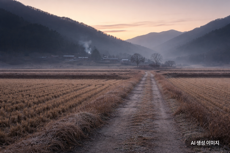 겨울 논과 산길이 만나는 새벽 풍경. '산다는 것은'이 붙드는 것은 성공의 장면보다, 삶을 오래 버텨낸 시간의 결에 가깝다.