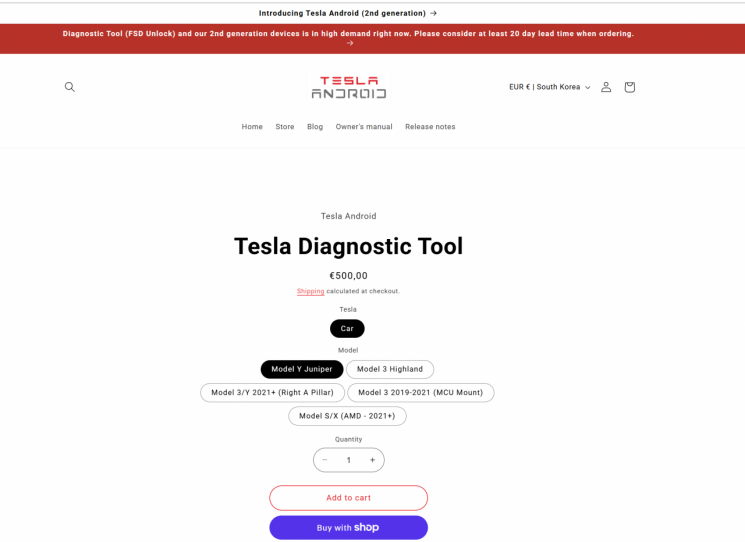 Screenshot from the official website informing that the 'Tesla Diagnostic Tool' sold on Tesla Android is experiencing high demand, causing delivery times to take at least 20 days.