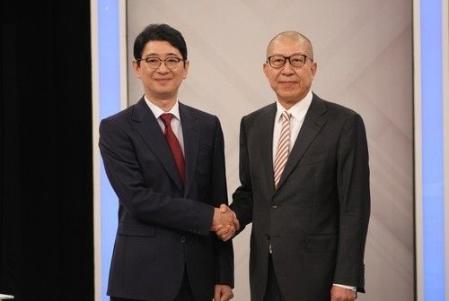 1차 경선 토론회 나선 주진우 국민의힘 의원(왼쪽)과 박형준 부산시장. 주진우 경선 캠프.