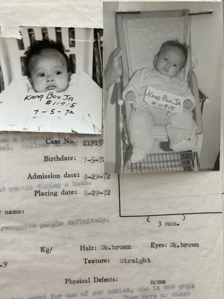 1972년 7월5일에 태어나 노르웨이로 입양된 앨리스 앤더슨씨(한국 이름 강부자)의 입양 당시 사진과 서류. 그는 날 때부터 하나의 신장을 가지고 있었지만, 홀트아동복지회가 작성한 그의 입양 서류에는 '신체적 결함 : 없음'이라고 적혀있다. 본인 제공