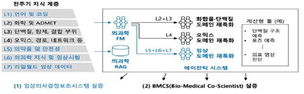 임상 의사결정지원 에이전트 시스템(CDSS) 개발 개념도. ① 의학 논문·임상시험·약물·실제 임상데이터 등 핵심 의료 지식을 학습한 의과학 파운데이션모델(FM) 구축 ② 의료 가이드라인·논문·약물 정보 등을 실시간 검색·참고하는 검색증강생성(RAG) 기능 적용 ③ 실제 병원 진료 환경에 맞춰 임상 특화 모델로 고도화해 진단·치료 판단 지원. 과기정통부 제공