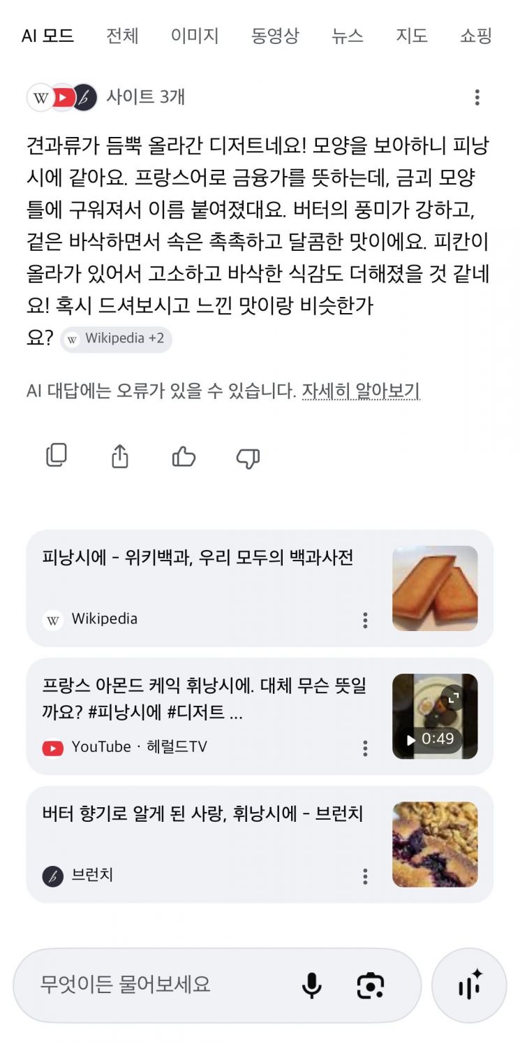 음성으로 답변 받은 서치라이브 결과를 스크립트로 전환한 모습. 피낭시에의 유래와 맛을 자세히 설명해주고 있다. 이은서 기자.
