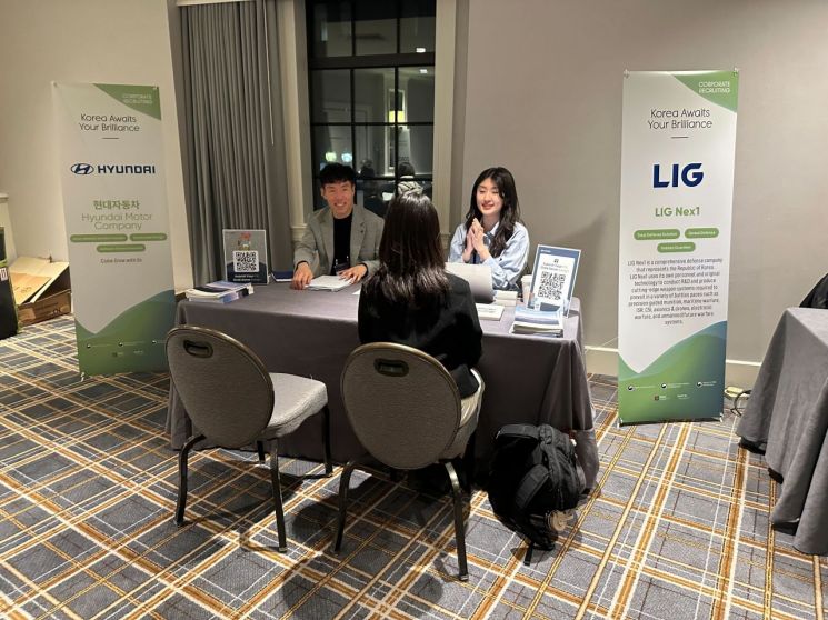 현대차 관계자들이 지난달 31일 미국 보스턴에서 열린 인재유치 행사 중 상담을 하고 있다. 사진=NST