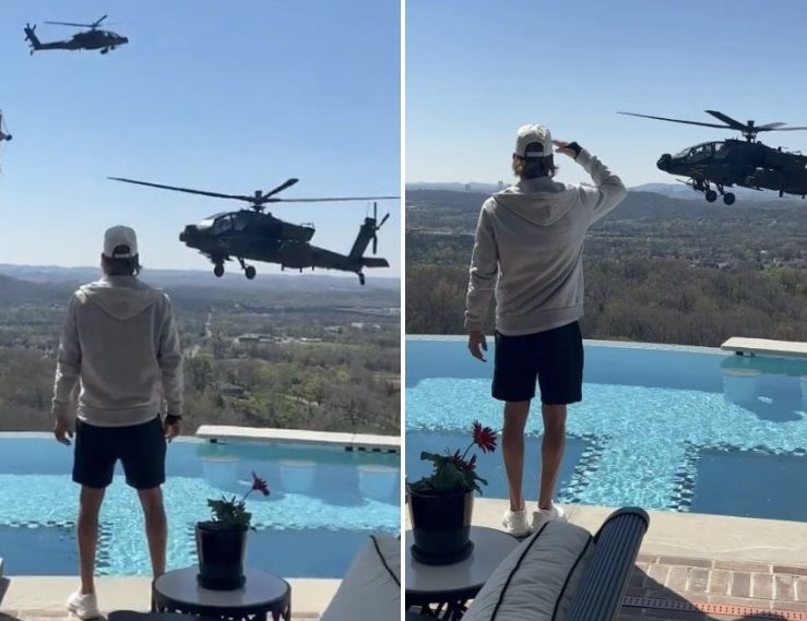 키드 록이 자신의 집 앞에서 저공비행 한 미국 육군 소속 AH-64E(아파치) 헬기에 경례하는 모습. 키드 록 인스타그램