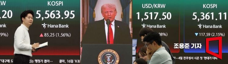 도널드 트럼프 대통령의 입에서 나오는 말에 따라 국내 증시가 변동성이 극심한 '널뛰기 장세'를 연출하고 있는 가운데 2일 서울 중구 하나은행 본점 딜링룸에 트럼프 대통령의 대국민연설 전에는 상승(왼쪽 사진)한 코스피가 연설 후에는 2% 이상 하락(오른쪽), 폭락을 이어가고 있다. 2026.4.2 조용준 기자