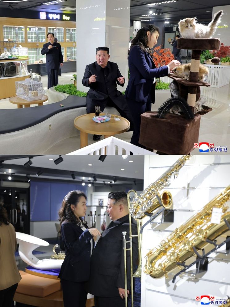 김정은 북한 국무위원장이 딸 주애와 함께 개업을 앞둔 '평양의 신도시' 화성지구 4단계 구역의 봉사시설(상업시설)을 돌아보고 있다. 연합뉴스조선중앙통신