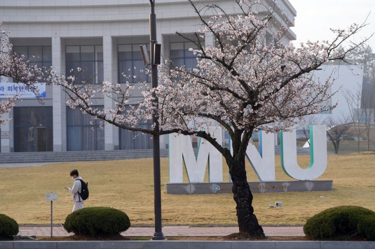 The 'MNU' sculpture, symbolizing the identity of the university, perfectly harmonizes with the profusely blooming cherry blossoms. Photo provided by Mokpo National University