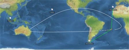 K-라드큐브의 초기 교신을 위해 스페인·칠레·하와이·싱가포르 등 해외 4개 지상국 네트워크를 활용한 궤적 및 가시 구간 개념도. 우주청 제공